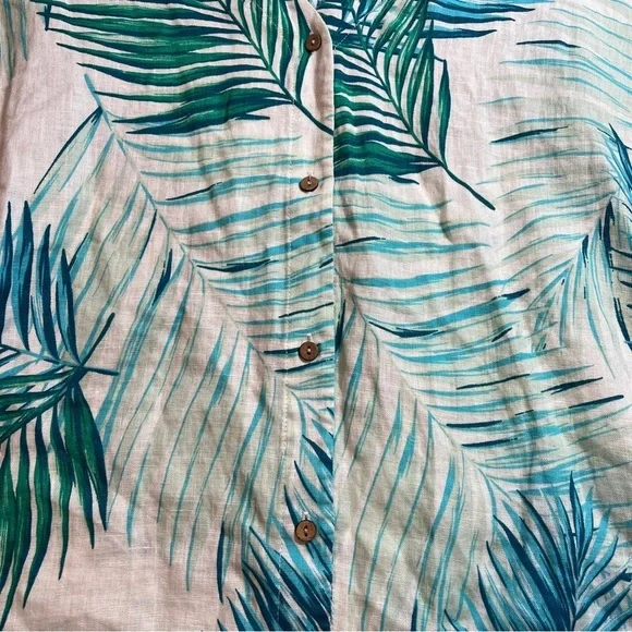 Tahari 100% Linen Boxy Blue and Green Leaf Print Blouse Button Up Back Women's L - Picture 4 of 7